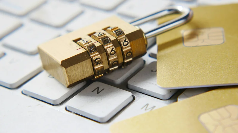 Goldenes Zahlenschloss und Kreditkarte auf Tastatur — Cyberversicherung für den Mittelstand