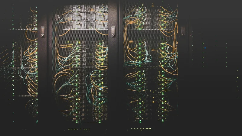 Serverrack mit orangen Glasfaserkabeln und grünen LEDs — KRITIS und kritische Infrastruktur